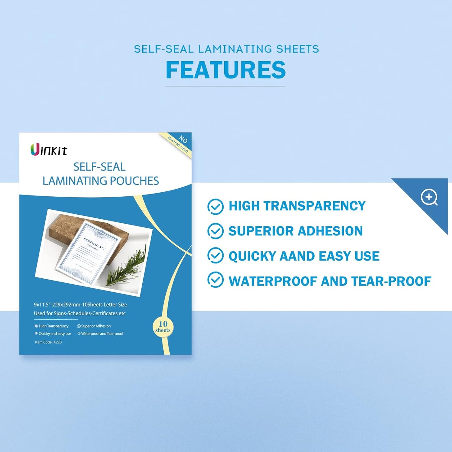 Uinkit Self Sealing Laminating Pouches, Waterproof Lamination Sheets for Document Permanent Adhesive 9x11.5inches 10Pack 10mil Thick Gloss Finish No Need Machine (9x11.5Inchesx10Pack)