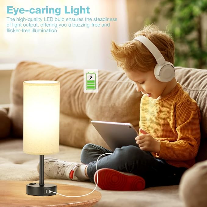 Beige Touch Table Lamp for Bedroom - 3 Way Dimmable Bedside Lamp USB C Charging Ports and AC Outlet, Small Lamp with Fabric Shade Black Base for Living Room, Office Desk, LED Bulb Included