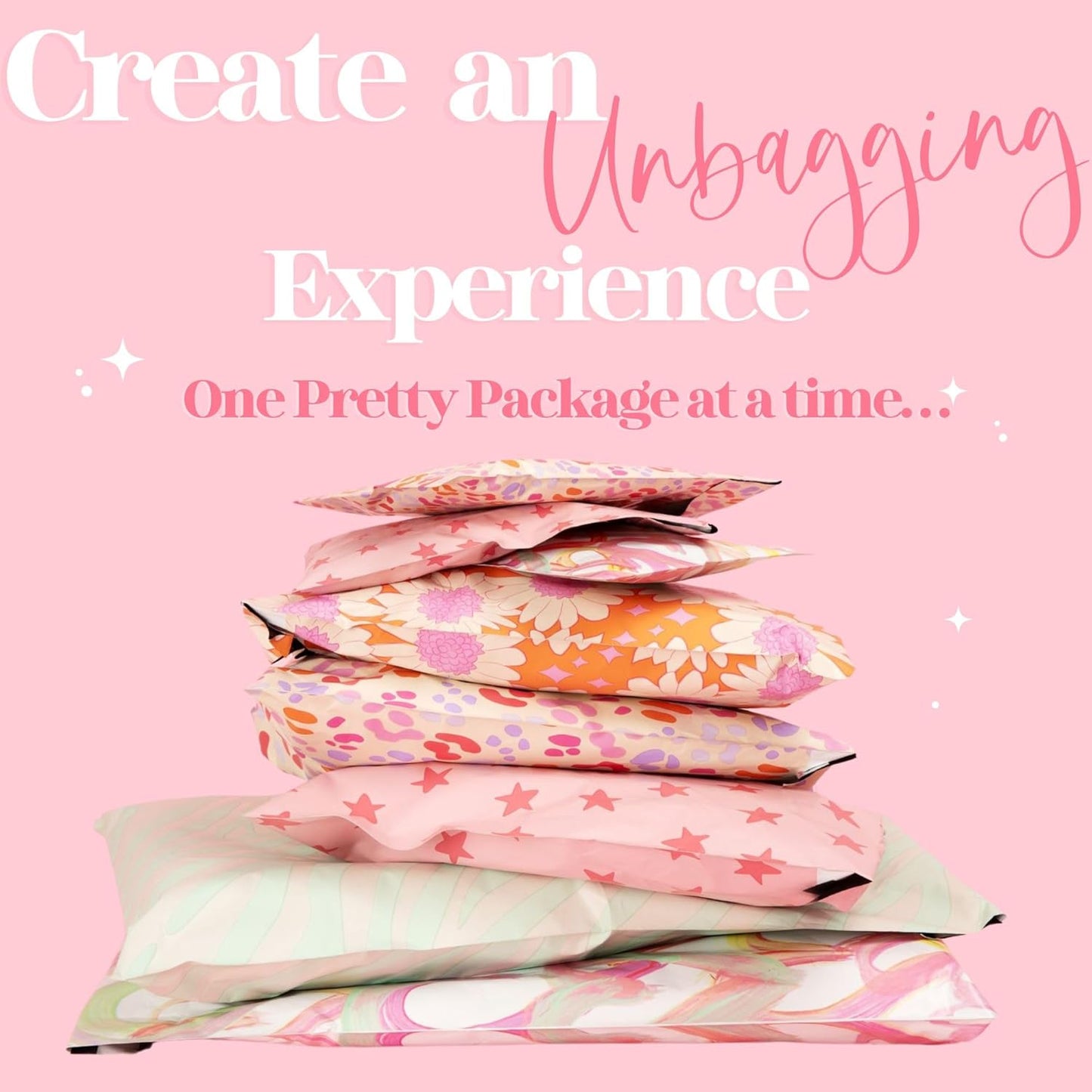 6x9 Designer Poly Mailer 100 Pack Heavy Duty Waterproof Self Seal Shipping Bags for Small Business Large Mailing Envelopes Bulk Tear Resistant Cute Packaging Seeing Stars Pink