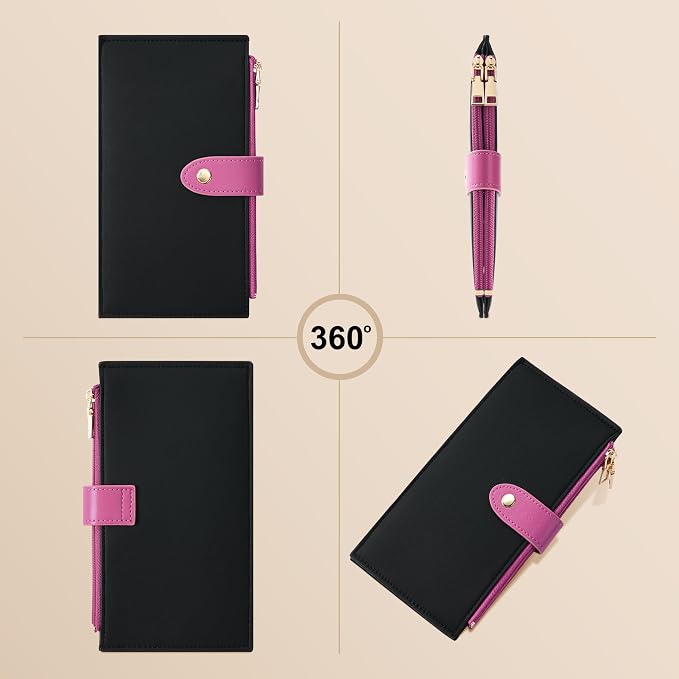 Travelambo Womens Leather Bifold Wallet, Slim RFID Blocking Card Holder | Large Capacity, 16 Card Slots & ID Window, 2 Zipper Pockets, Dual Snap Closure, Slim Lightweight, RFID Privacy Protection