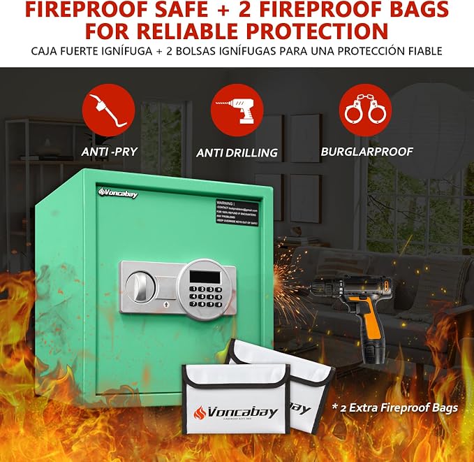 Voncabay Money Safe Box for Home with Digital Keypad, 1.5 Cu. Ft., Green | Alloy Steel, 2 Fireproof Bags, Digital Keypad with Display, Removable Shelf, Alarm System, 14 x 13 x 13 In.