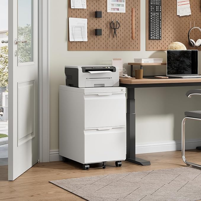 2 Drawer Mobile File Cabinet with Lock, Rolling File Cabinet with Wheels | Metal Small Filing Cabinet with Wheels for Home Office Storage, Fits Legal/A4/Letter/Document Size, Required Assembly, White