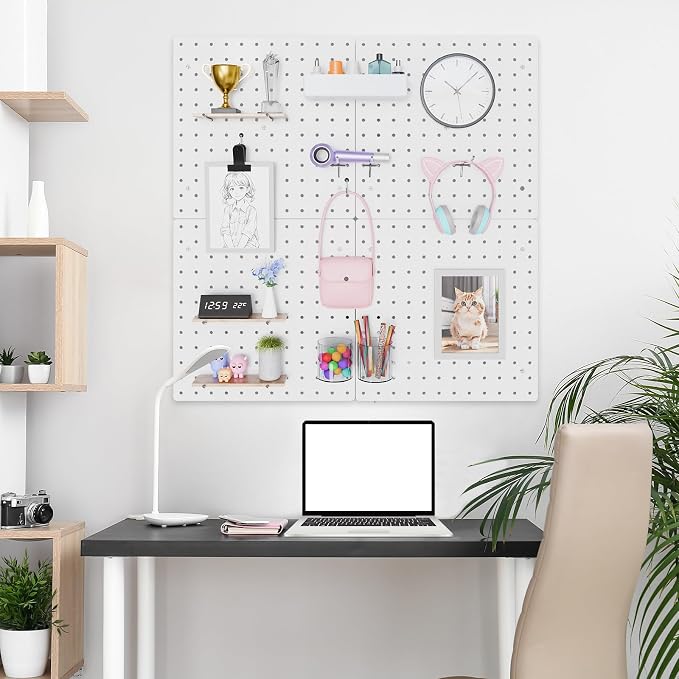 FZK White Modular Plastic Pegboard Wall Organizer Kit, 12x12, 4 Panels | ABS material, wall mount storage kit, includes hooks and shelves, drill free or screw installation, for home decor & office