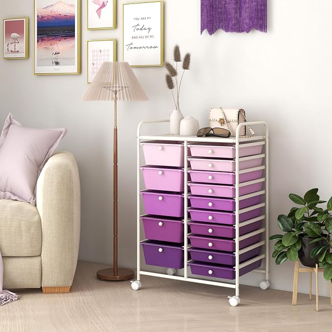 COSTWAY 15 Drawer Rolling Storage Cart, Mobile Storage Organizer | Removable Drawers & Metal Frame, Multipurpose Utility Tools Paper Organizer on Wheels for Home, Office (Purple Gradient)