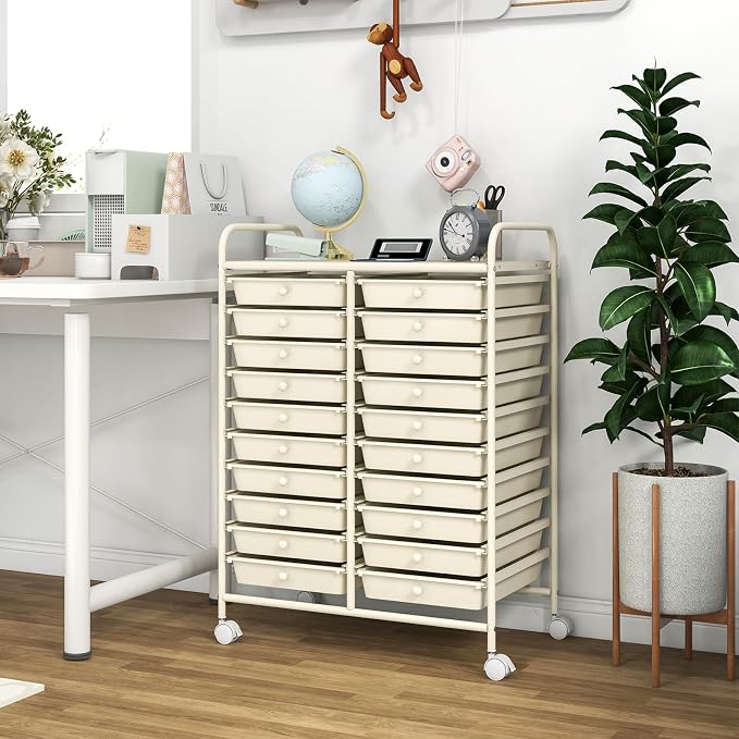 COSTWAY 20-Drawer Rolling Storage Cart, Utility Storage Organizer Cart | For Tools, Scrapbook, Paper, Craft, Multipurpose Storage Trolley on Wheels for Home Office School (Ivory White)