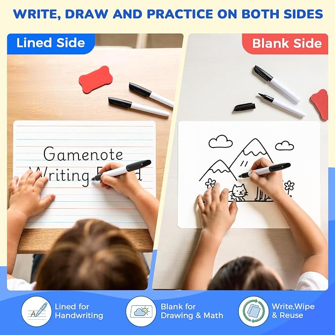 GAMENOTE 6 Pack Dry Erase Lap Boards, Lined and Blank, 9 x 12 in | 6 pack double sided 9 x 12 boards pair a lined side with a blank side for reusable writing practice.