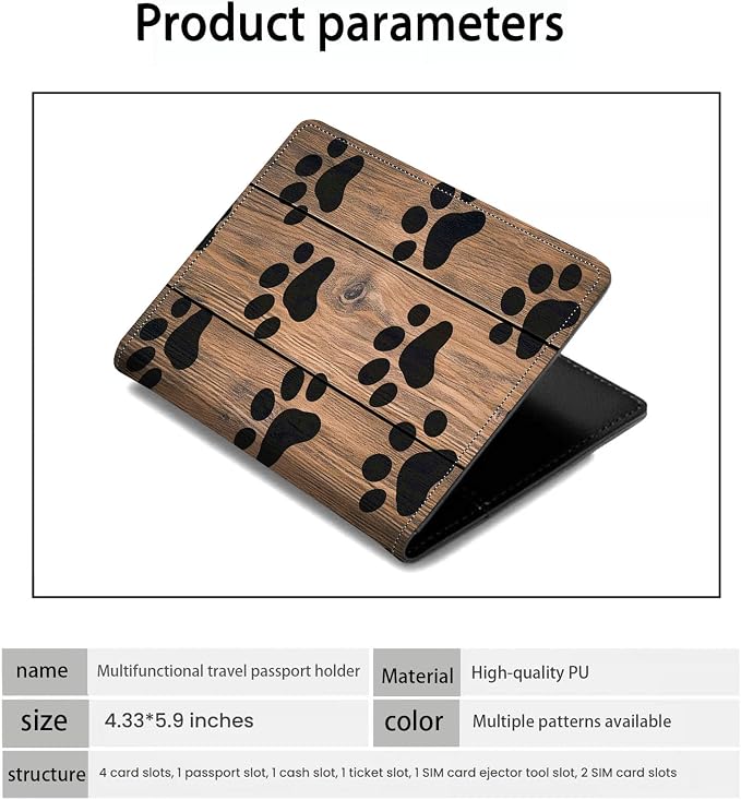 Passport Holder Wallet Cover Case,RFID Blocking Passport Cover,Large Capacity Travel Wallet with Multi Card Slots (Vintage Wood Paw Print Pattern)