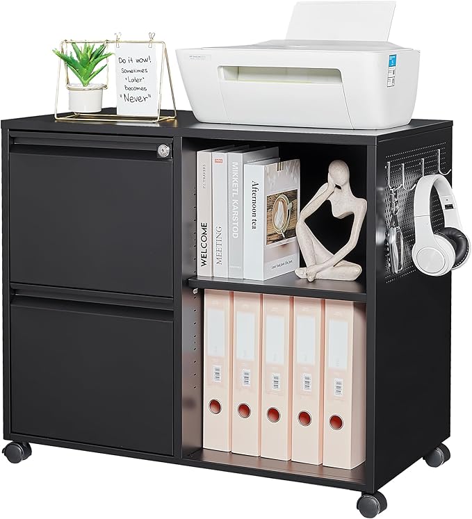 Mobile File Cabinet, Metal Lateral Rolling Printer Stand Filing Cabinets with Shelves for Home Office-Storage A4/F4 (Black)