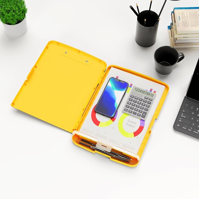 Hongri Clipboard with Storage with Pencil Case, 8.5 x 11 Storage Clip Board | High Capacity Organization Box for A4 Letter Legal Paper, Heavy Duty Folio & Side-Opening for Nurses, Teachers, Yellow