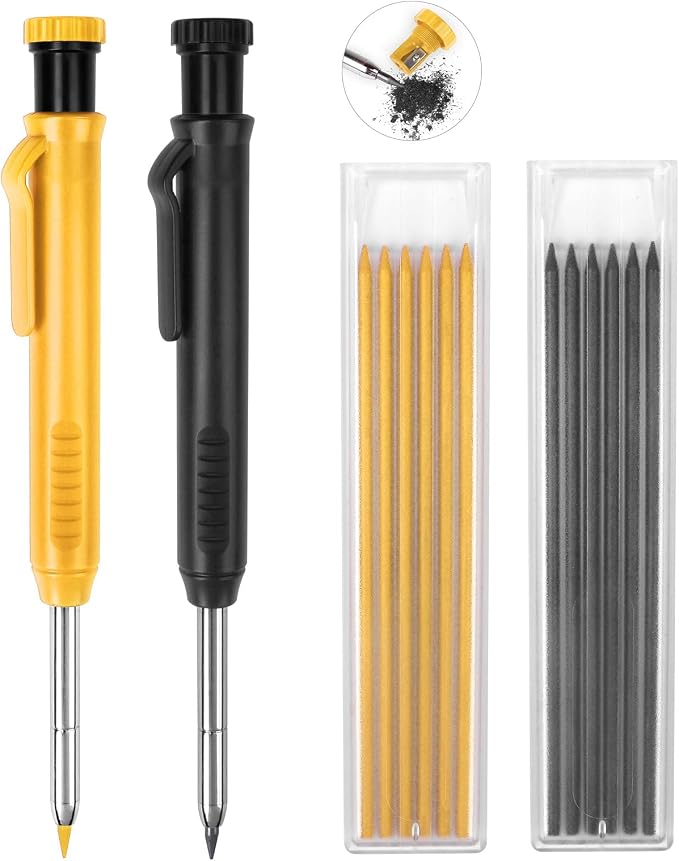 MECHEER 2 Pack Carpenter Pencils Construction Pencil with 12 Refills, Mechanical Carpenter Pencils with Built-in Sharpener, Long Nib Deep Hole Heavy Duty Woodworking Pencil Marker (Black, Yellow)