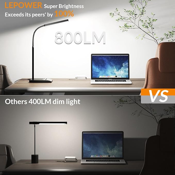 LEPOWER Desk Lamp, 800LM LED for Home Office, True Eye-Caring for Reading | 50 Lighting Modes, 2X Wider Panel, 360° Flexible Gooseneck, Touch Control, 12W Bright Table Lamp for Dorm, Bedroom, Study