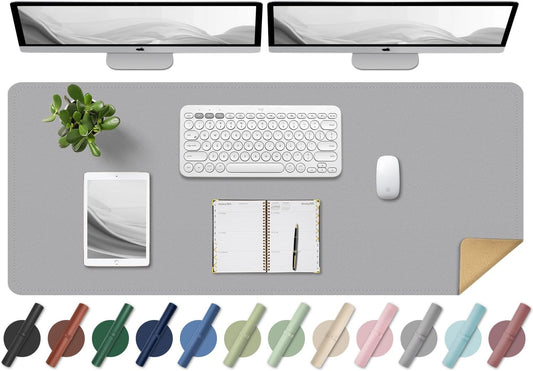 BLESWIN Large Desk Pad, 55'' x 17'', PU Leather & Cork, Office Desk Mat, Light Gray