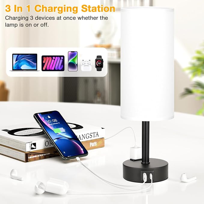 Touch Bedside Table Lamps Set of 2 - Bedroom Lamp with USB A+C, AC Outlet | 3-Way Dimmable, LED Bulb Included, White Fabric Lampshade, Matte Black Metal Base & Pole, 14" Small Nightstand Lamp for Desk
