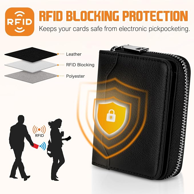 HUANLANG Mens Wallet RFID Blocking Multi Card Holder Wallets for Men Bifold Wallet with Zipper Small Men's Leather Wallet