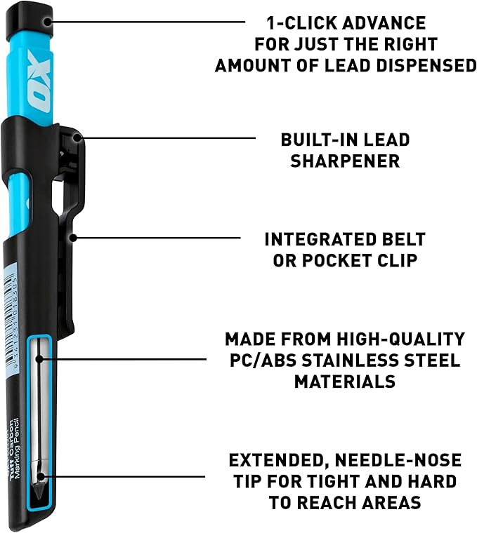 OX Construction Pencil - Mechanical Carpenter Pencils Set w/Sharpener | Heavy Duty Construction Pencil, Carpentry Marking Pencil for Woodworking, Site Holster, Red, White, Yellow, & Graphite Leads