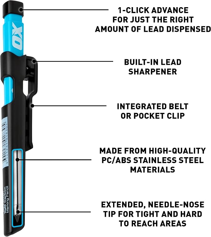 OX Construction Pencil - Mechanical Carpenter Pencils Set w/Holster | Pencil Sharpener, Holster, Heavy Duty Precision Mechanical Carpenter Pencil, Woodworking Pencils, Carpentry Marking Pencil