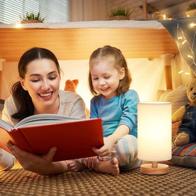 Small Table Lamps (White Shade - Wood Base, 9" Inline Control) | 3000K LED Blub Included | 680 Lumens | Easy Assembly | Minimalist Design | E26 | for Kitchen | for Kids Room