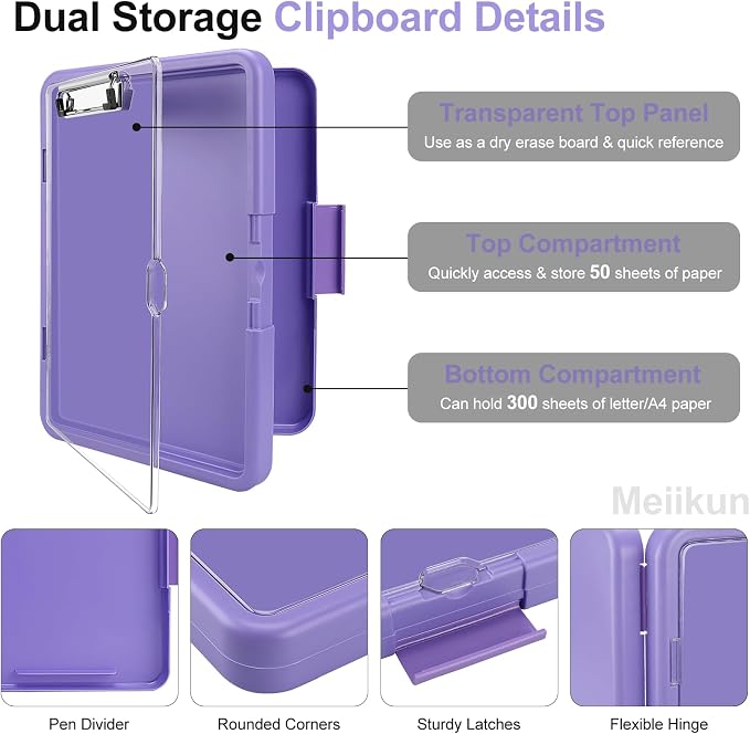 Meiikun Clipboard with Storage, Clip Boards 8.5x11 with Dual Storage, Plastic Clipboards Clear Visible Dry Erase Top Panel, High Capacity Clip Board Organizer for Work School Office (Violet)