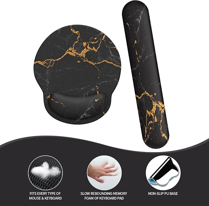 Mouse Pad Wrist Support, Ergonomic Memory Foam Keyboard Wrist Pad & Gel Wrist Rest Set for Computer Keyboard for Easy Typing & Pain Relief for Office & Home (Black Marble Set)
