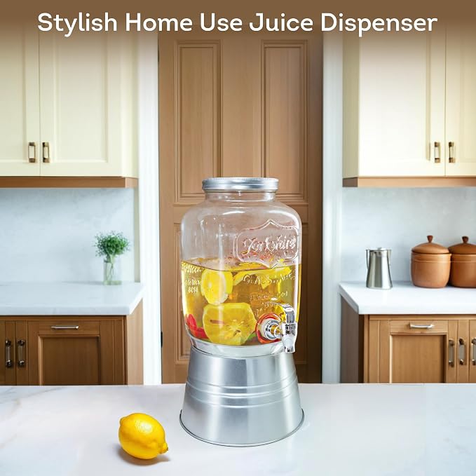 Lily's Home Glass Beverage Dispenser With Stand – 1 Gallon Capacity - Easy-Use Spigot - Drink Dispenser for Parties/BBQs - Large Mouth for Ice/Fruits - Water Dispenser Countertop Use