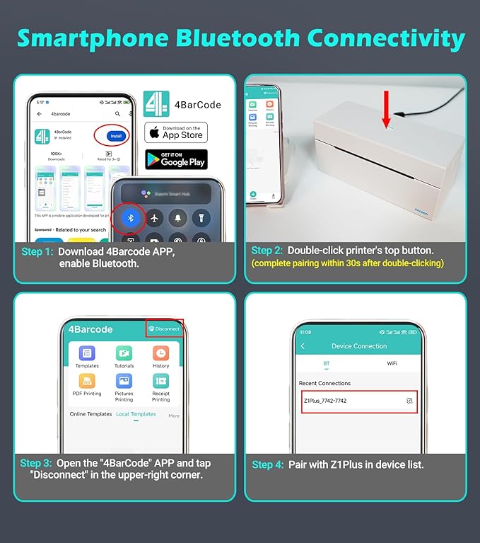 ORGBRO Bluetooth Thermal Shipping Label Printer, Z1-Plus Wireless 4X6 Shipping Label Printer for Small Business Office or Home Support iPhone Android Windows macOS Chrome Amazon Ebay Shopify USPS
