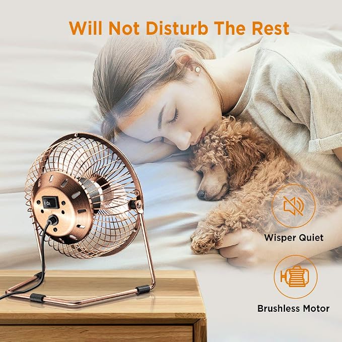 EasyAcc 6 Inch USB Desk Fan, 360°Rotation Small and Quiet,Powerful Portable Strong Airflow,Mini Metal Personal Cooling Fan with 2 Speed for Home Office,Bronze(USB POWERED ONLY)