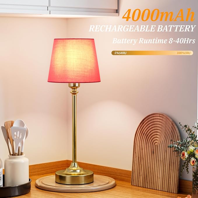 Cordless Table Lamps Rechargeable Set - 2 Pack Brass 4000mAH Battery Operated Lamps for Decor, 3000K Stepless Dimming Touch Control Wireless Lamps for Bedroom, Dining Table, Living Room, Rose Shade