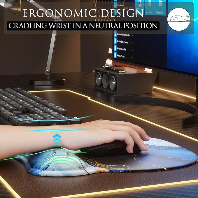 MROCO Ergonomic Mouse Pad with Gel Wrist Rest, 9.4 x 8.1 in, Blue Marble | Ergonomic Shape Design, Multiple Pattern Options, Gel Wrist Comfort, Smooth Lycra Surface, Non-Slip PU Base