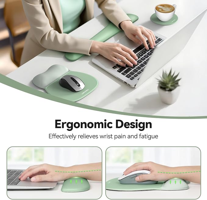TECKNET Gel Ergonomic Mouse Pad & Keyboard Wrist Rest & Coaster | 3 in 1 Set, Pain Relief, Milk Silk Cloth, Non-Slip PU Base, Easy Typing, Memory Foam Wrist Support for Office & Home