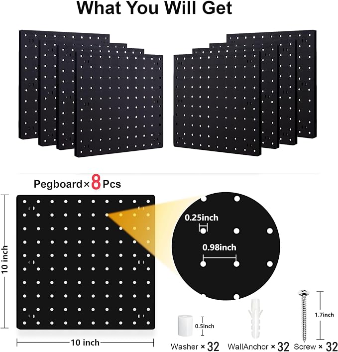 8Pcs Pegboard Wall Organizer Panels Black ABS Pegboard Wall Mount for Home, Craft Room, Garage, Kitchen, Workshop, Tool Organization, 10 * 10in Peg Boards. (No Hooks and Bins).