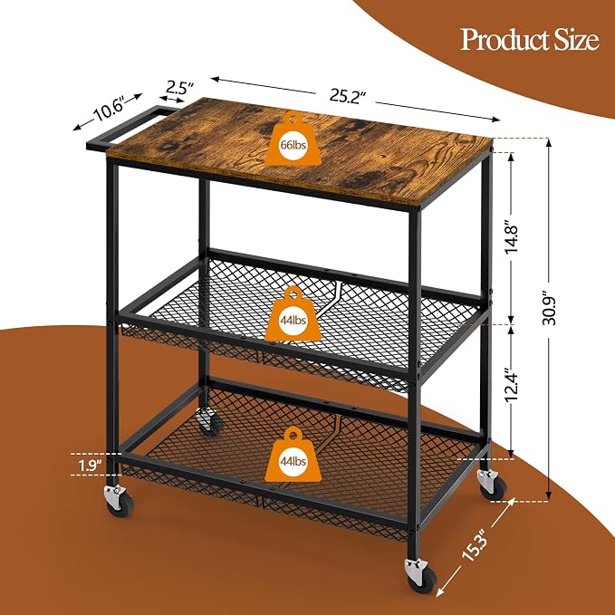 3 Tier Rolling Utility Kitchen Cart on Wheels, Heavy Duty Wire Rolling Cart with Wooden Top, Commercial Metal Serving Cart with Handle, Kitchen Island Food Storage Trolley for Laundry, Office, Garage