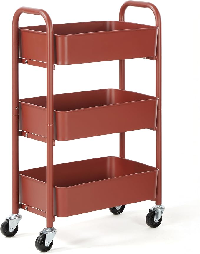 SunnyPoint 3-Tier Delicate Compact Rolling Metal Storage Organizer - Mobile Utility Cart Kitchen/Under Desk Cart with Caster Wheels (RED, 15.35" X 10.24" X 26.8"H)