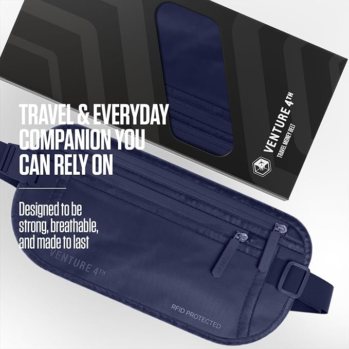 VENTURE 4TH Travel Money Belt, RFID Blocking Passport Holder - Sleek Navy