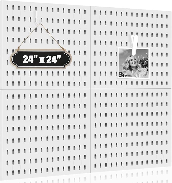 AKTOP Modular Plastic Peg Board Wall Organizer, 4 Pack, 12"x12", White | ABS Material, Adhesive or Drill Mounting, Ideal for Office, Gaming Room, Craft Room