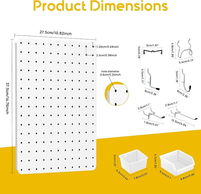 Steel Pegboard Tool Wall Organizer, 4 Pack 14.76 x 10.82 in, 6 Bins, White | 6 clear storage bins organize screws and small parts; 36 hooks and 30 peg locks keep garage tools sorted and easy to reach.