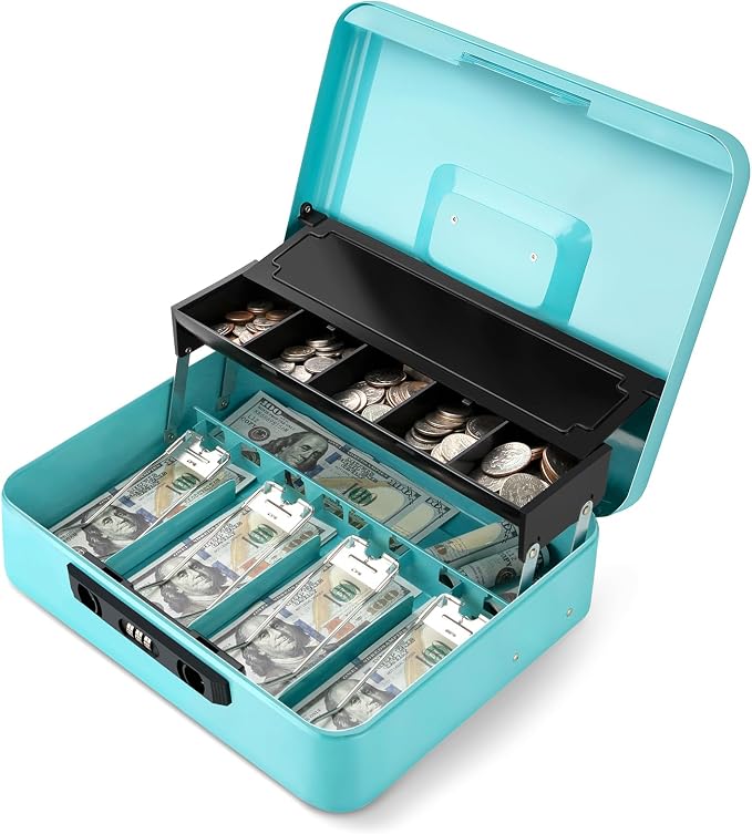 Jssmst Cash Box with Sliding Coin Lid and Snap Latch Combination Lock - Portable Cash Box with Money Tray and Lock, Secure Locking Money Box for Cash Organizer, 11.8L x 9.5W x 3.5H Inches, Light Blue