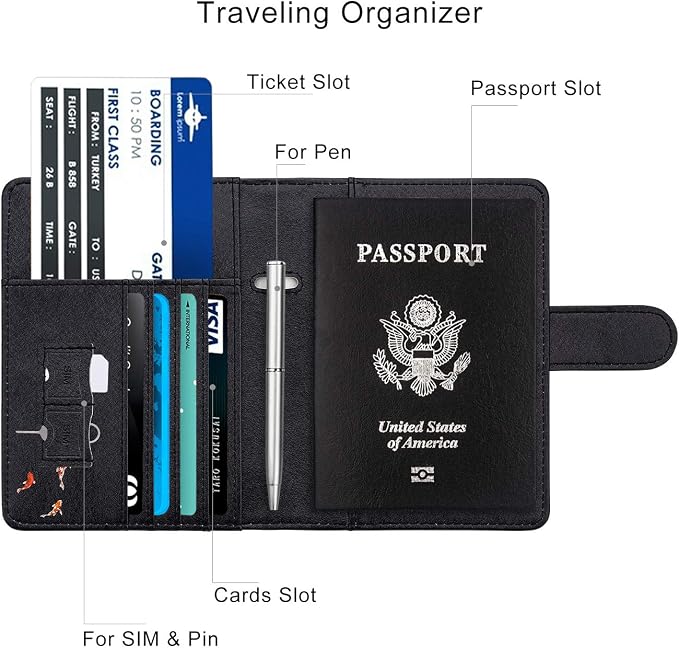 WALNEW Passport Holder for Travel, RFID Passport Wallet, Travel Essentials | PU Leather Passport Cover Case with Pen Holder, Travel Must Haves Accessories, Passport Book Holder for Women Men