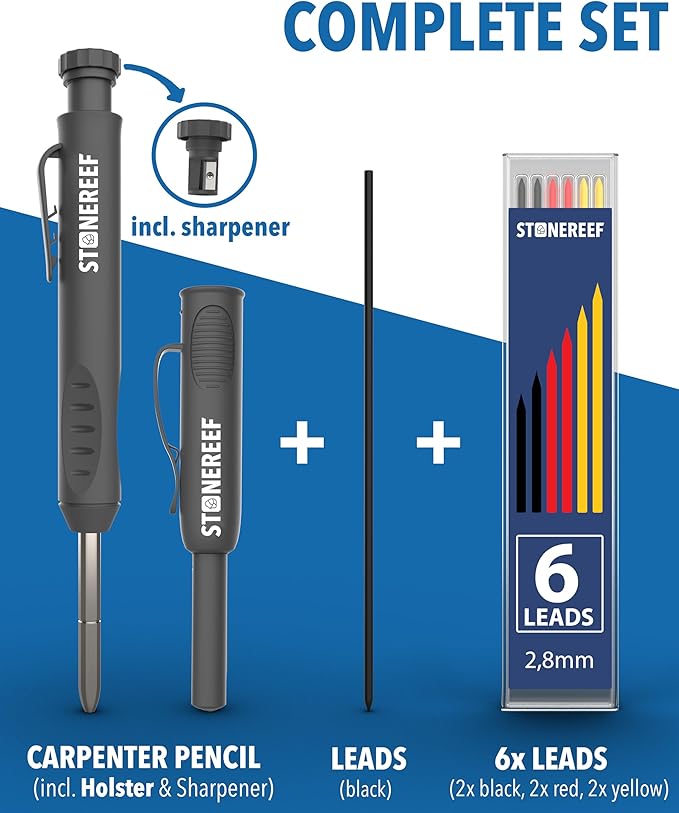 Carpenter Pencil Set with Sharpener & 7 Refills – Deep Hole Marker Mechanical Pencil for Wood, Metal & Plastic – Durable Woodworking Marking Tool