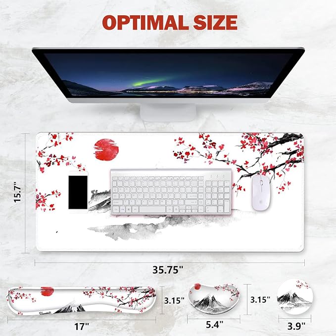 ToLuLu Extended Gaming Mouse Pad, Memory Foam Ergonomic Keyboard Mouse Wrist Rest Support Set, Large Desk Mat with Stitched Edges, Non-Slip Base Mousepad for Home Office Game, Cherry Blossom Sakura