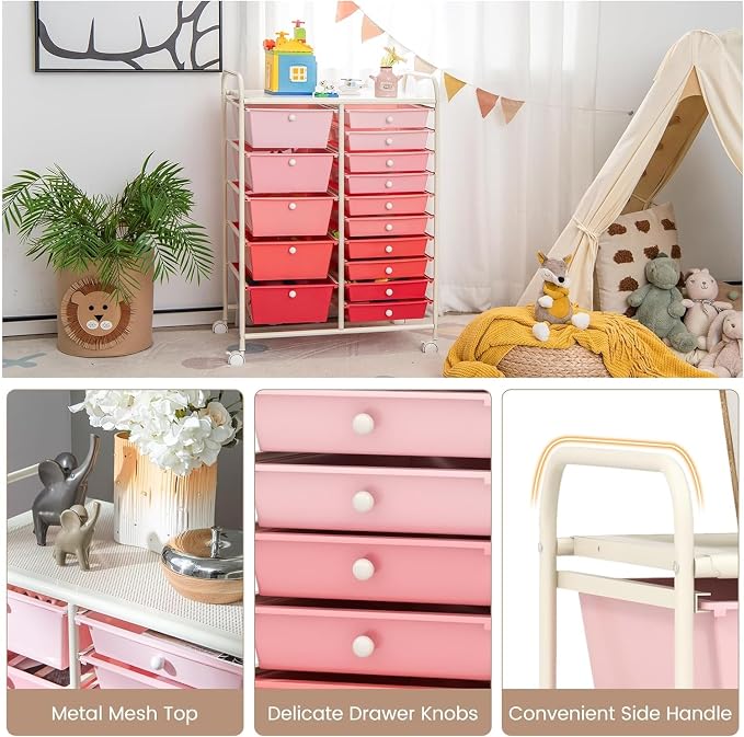 15 Drawer Rolling Storage Cart, Rolling Cart with Drawers for Classroom, Art Supply Craft Organizer on Wheel with Metal Frame & Handles for Home Office School