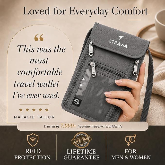 Voyager Neck Wallet RFID Blocking Passport Holder, Light 6-Compartment Hidden Travel Pouch with Adjustable Strap, Water-Resistant Wallet for Cash, Cards & ID (Gray, Pro (8" x 5.5"))