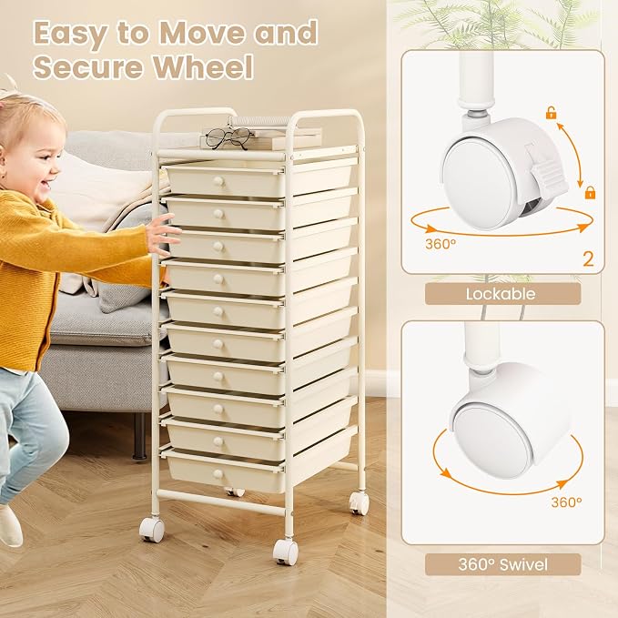 GLACER 10 Drawers Rolling Cart, Storage Cart with w/Removable Drawers & Steel Frame, Utility Mobile Trolley w/Universal Casters & 2 Brakes, Organizer Cart for Home, School, Office (Ivory)