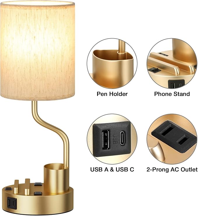 Bedside Lamps for Bedroom Set of 2 - Table Desk Lamp for Nightstand | 15" Table Lamp for Living Room with Pen Holder & Phone Stand, USB A+C Port, AC Outlet, 3 Color Temperature, LED Bulb Included