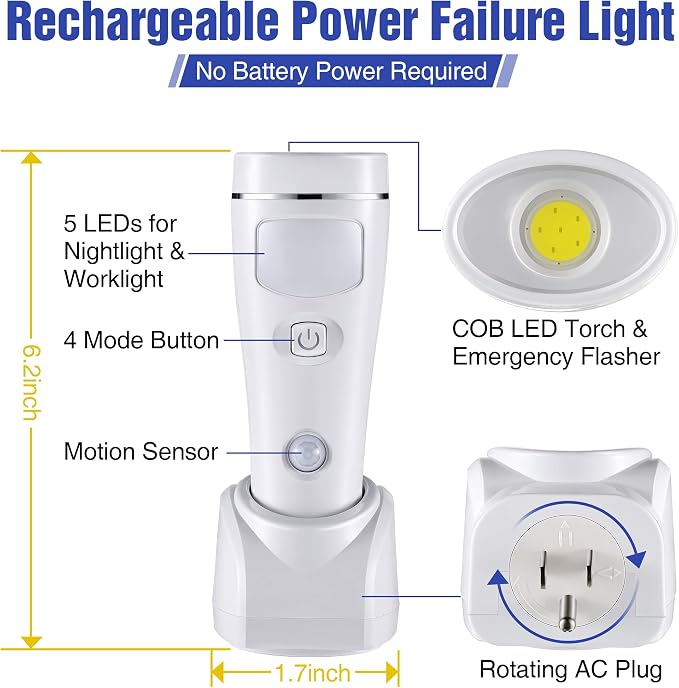 Enhon 9 Pack 4 in 1 LED Emergency Lights for Home Power Failure, Rechargeable Plug in Flashlight Motion Sensor Night Light, Automatic Turn On Power Outage Light for Home Hurricane Supplies (White)