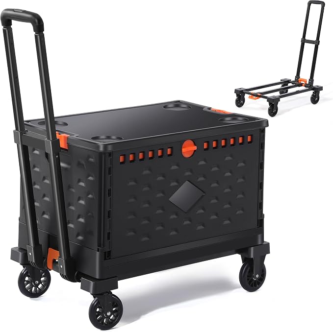Folding Hand Truck + 2 Pack Collapsible Crate -Teacher Collapsible Rolling Cart with Wheels,Shopping Cart for Groceries,Crate On Wheels and Tote Basket,Mobile Storage for File