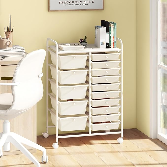 COSTWAY 15 Drawer Rolling Storage Cart, Mobile Storage Organizer | Removable Drawers & Metal Frame, Multipurpose Utility Tools Paper Organizer on Wheels for Home, Office (White)