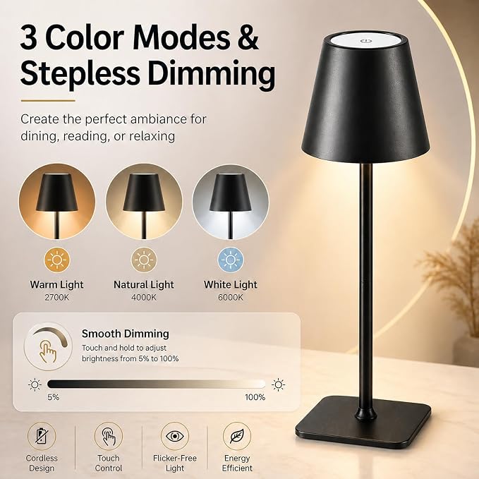 Cordless Table Lamp 2 Pack, Rechargeable LED Ambient Lamp with Up to 54H Runtime, Portable Minimalist Lighting for Bedroom, Restaurant, Bedside & Dining Table, Stepless Dimming (2, Black)