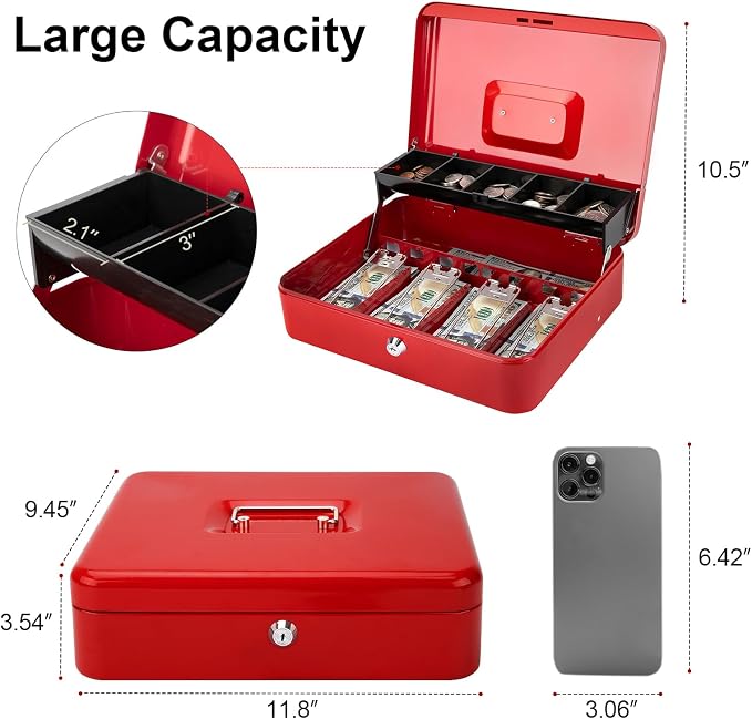 Jssmst Cash Box with Money Tray and Lock -Red Cash Box with Key Lock Safe Money Box Large, Locking Cash Register Drawer Box for Money, 11.8'' x 9.5'' x 3.5'', SM-CB005RED