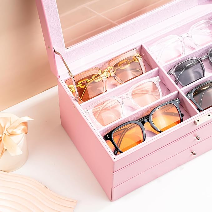 ProCase 3-layer Sunglasses Storage Organizer, 18 Slots Leather Sunglass Box Multiple Pairs Eyeglass Cases Eye Glass Eyewear Display Holder for Men Women -Pink