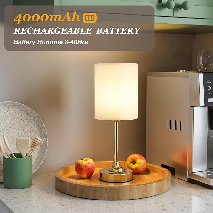 Rechargeable Table Lamp, Battery Operated, Touch Control, Brass, 1 Pack | 4000mAh Battery, USB-C Charging, 3000K Warm Light, Stepless Dimming, Brightness Memory, Up to 40 Hours, Small Table Lamp
